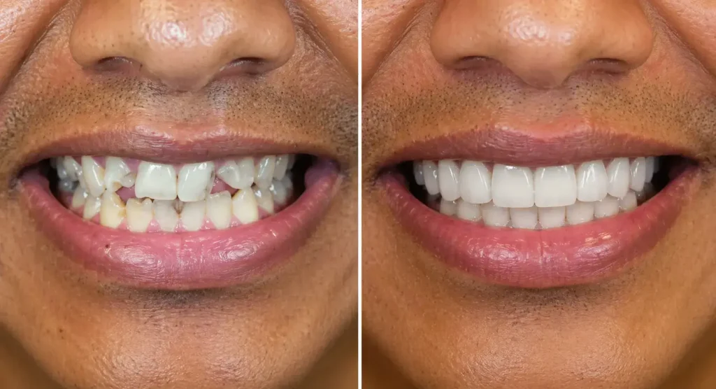 Before and after full mouth rehabilitation showing severely worn and damaged teeth restored with a complete smile reconstruction and natural-looking ceramic restorations.