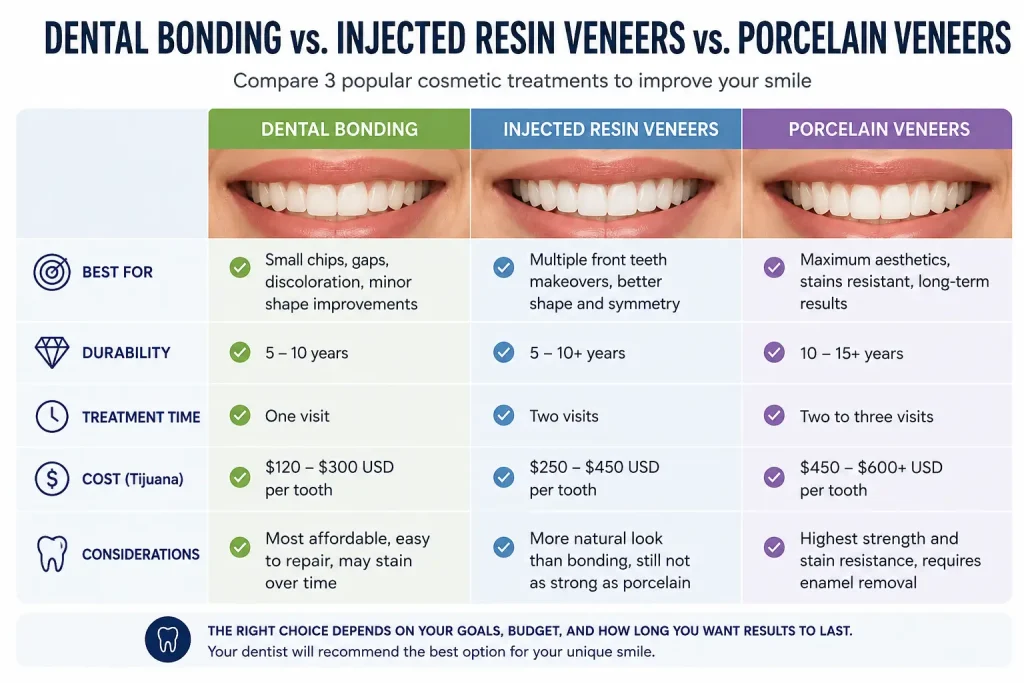 Dental bonding vs injected resin veneers vs porcelain veneers comparison in Tijuana