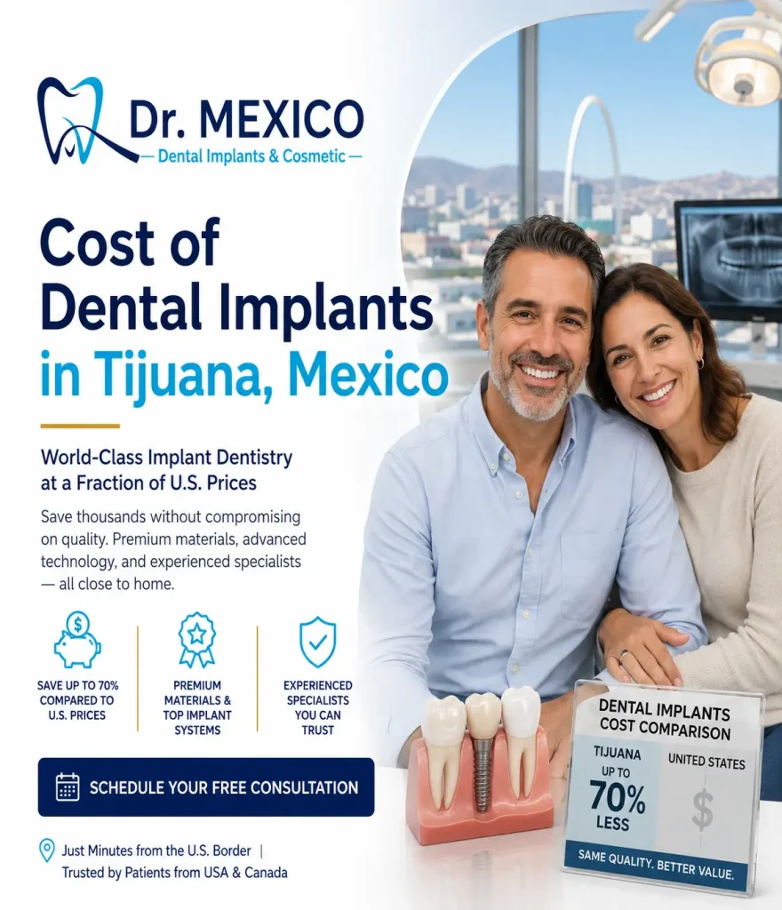 Cost of Dental Implants in Tijuana hero image showing a smiling couple, dental implant model, and Dr. Mexico Dental Implants & Cosmetic logo.