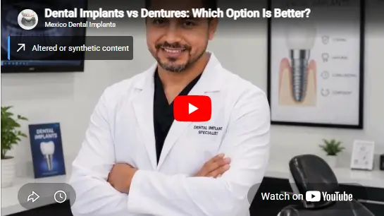 Educational video comparing dental implants and dentures, explaining the differences in comfort, stability, chewing ability, appearance, and long-term oral health benefits.