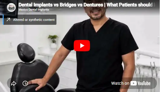 Educational video comparing dental implants, dental bridges, and dentures, explaining the differences in function, comfort, appearance, cost, and long-term oral health benefits.