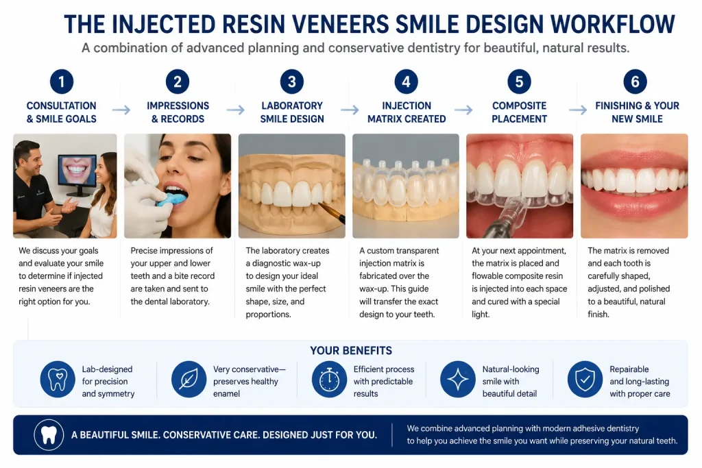 Injected resin veneers smile design workflow showing consultation, dental impressions, laboratory smile design, injection matrix fabrication, composite resin placement, and the finished smile.