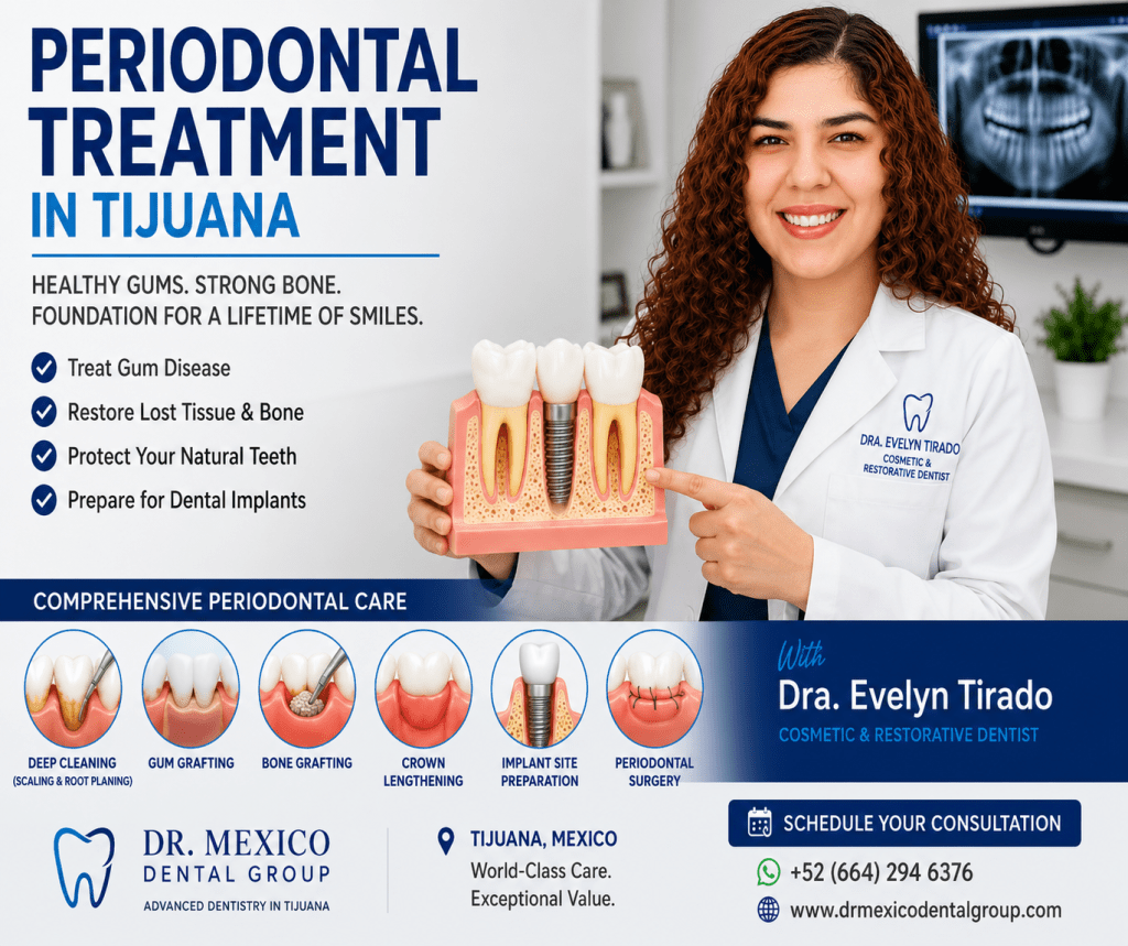 Periodontal treatment infographic featuring Dra. Evelyn Tirado explaining gum disease treatments including deep cleaning, gum grafting, bone grafting, crown lengthening, implant site preparation, and periodontal surgery in Tijuana, Mexico.