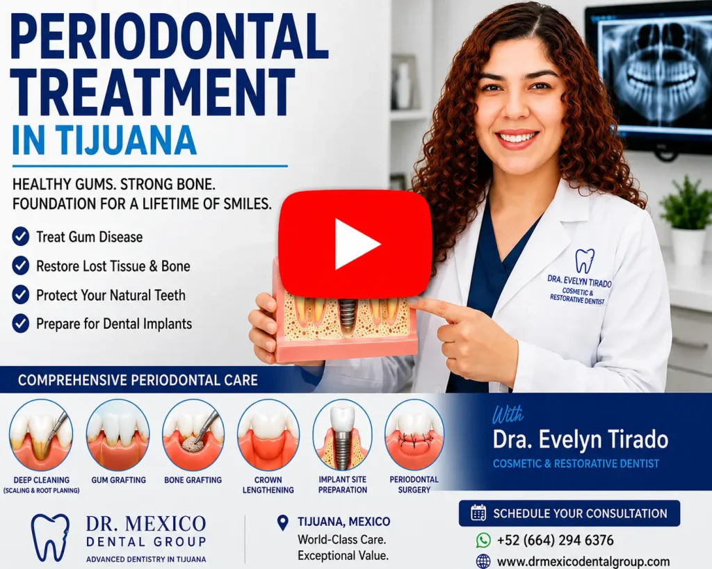 YouTube video thumbnail featuring Dra. Evelyn Tirado explaining periodontal treatments for gum disease, including deep cleaning, gum grafting, bone grafting, and periodontal surgery in Tijuana, Mexico.