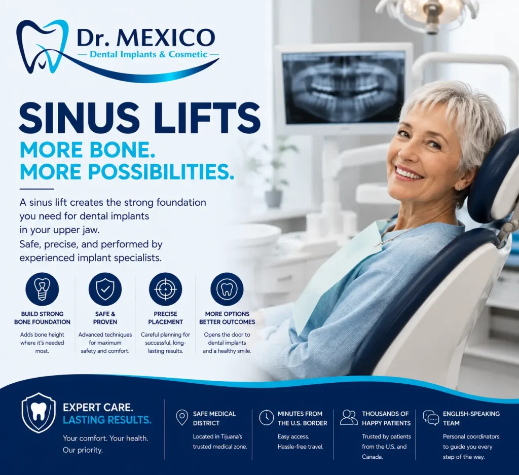 Sinus lift treatment in Tijuana with smiling patient at Dr. Mexico Dental Group preparing for dental implants
