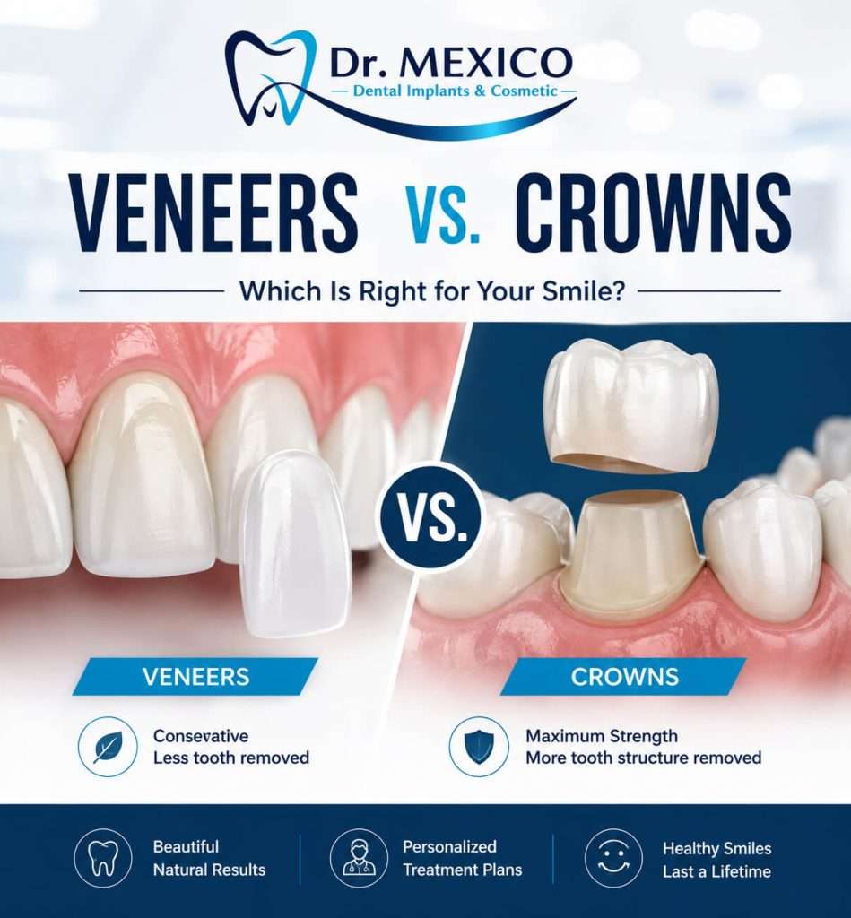Veneers vs crowns comparison showing differences in tooth preparation and natural tooth structure removal
