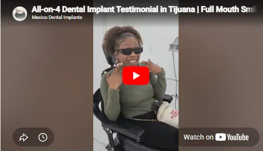 All-on-4 patient testimonial video featuring Desiree sharing her experience, treatment journey, and results after full-arch dental implant treatment in Tijuana, Mexico.
